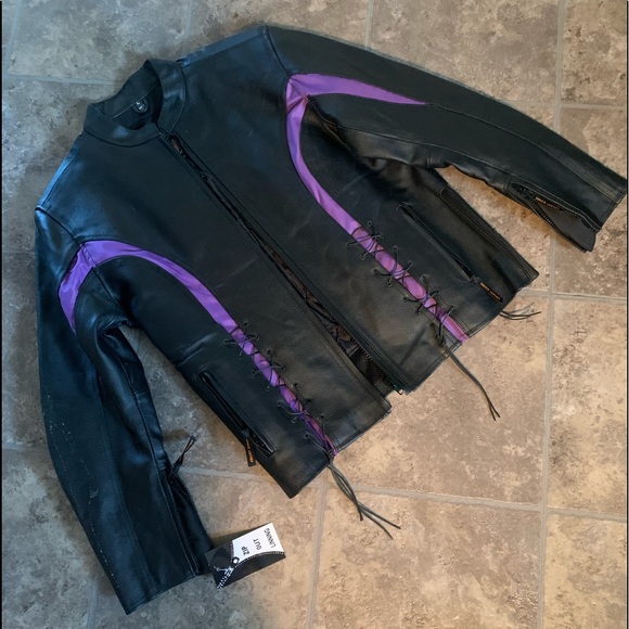 NWT  LEATHER BIKER JACKET  BK/PURPLE - Picture 3 of 7